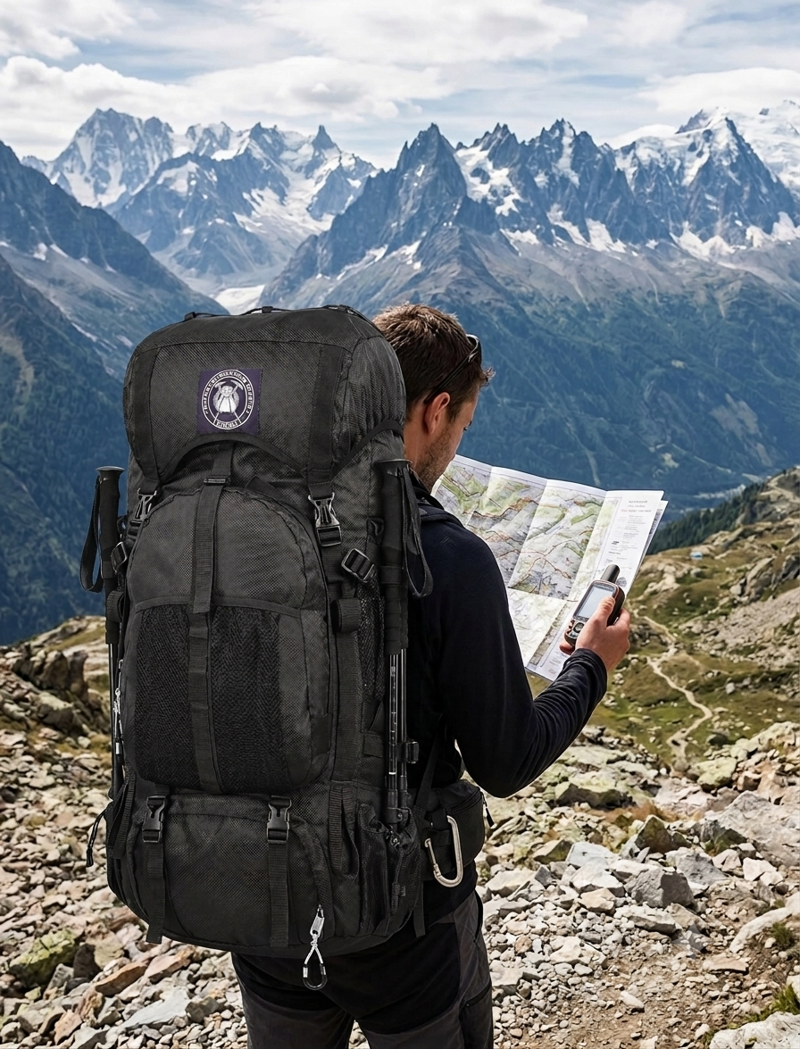 Hiker with heavy-duty Stikage trekking backpack using GPS navigation map in rugged backcountry mountains
