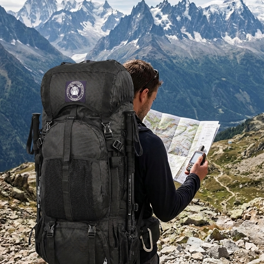 Hiker with heavy-duty Stikage trekking backpack using GPS navigation map in rugged backcountry mountains