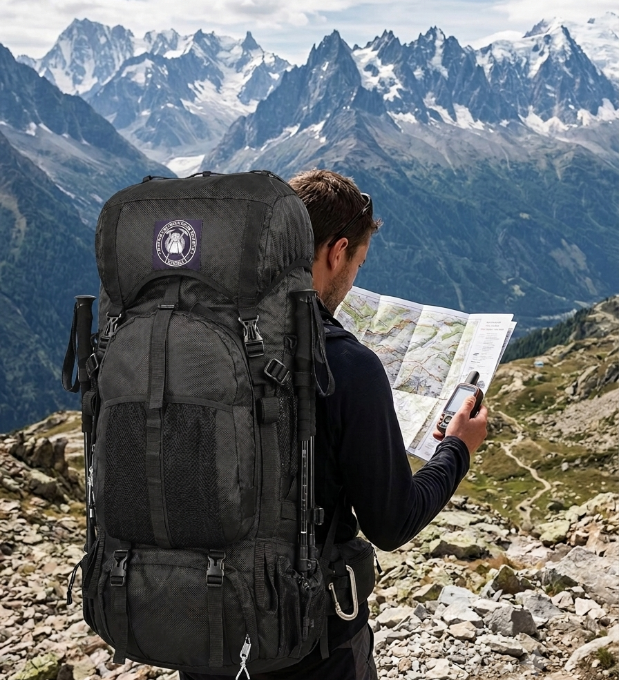Hiker with heavy-duty Stikage trekking backpack using GPS navigation map in rugged backcountry mountains