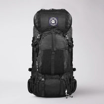 Black backpack with a logo on a light gray background