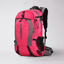 Pink and gray backpack on a light gray background