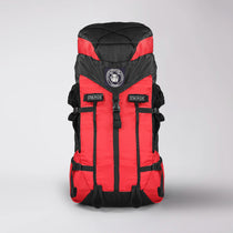 Red and black backpack with visible branding on a light gray background