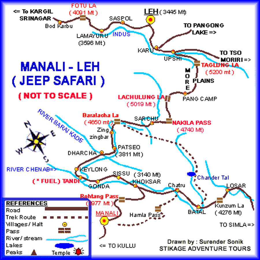 Route Map of Jeep Safari to Manali to Leh