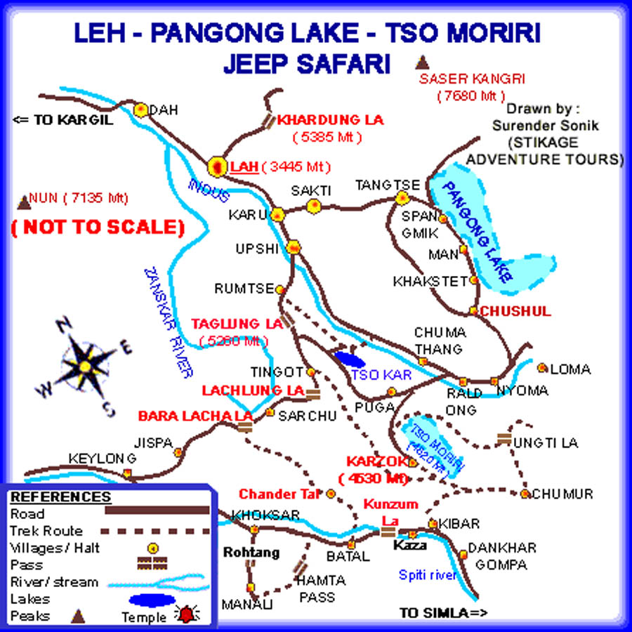 Route Map of Jeep Safari to Leh-pangong-tsomoriri lakes